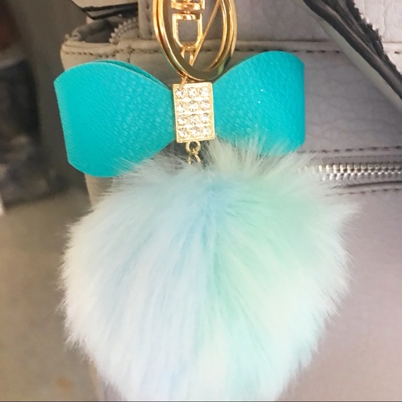 Turquoise Blue/Green Fur Pom Pom Keyring/Charm - Picture 4 of 6